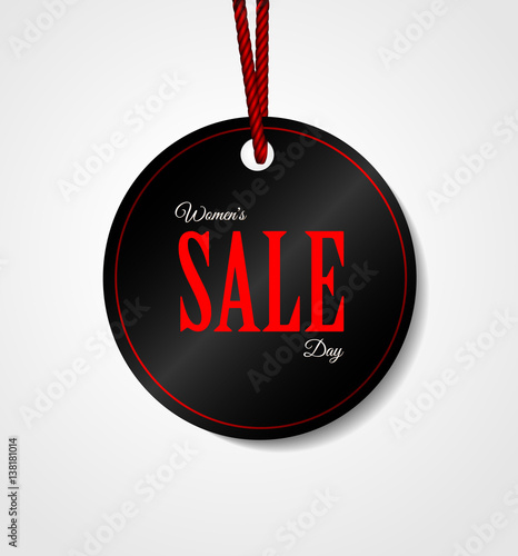 Advertising poster dedicated to International Women's Day! Isolated black round tag with rope and labeled March 8. World Day of the woman. Mad sales, discounts rabid, large discount. 