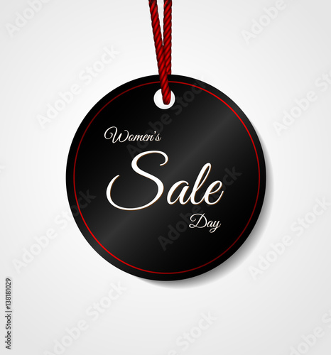 Advertising poster dedicated to International Women's Day! Isolated black round tag with rope and labeled March 8. World Day of the woman. Mad sales, discounts rabid, large discount. 