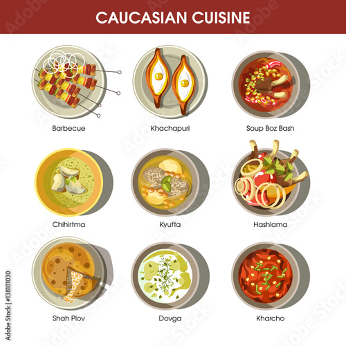 Caucasian cuisine set with traditional dishes. Barbecue dish, Khachapuri meal