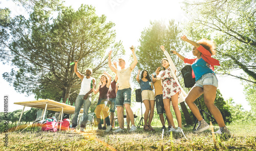 Sticker Multiracial friends having fun at barbecue pic nic garden party - Friendship mul