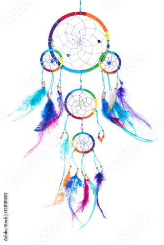 Multi colored dream catcher with feathers, with beads, rim.
