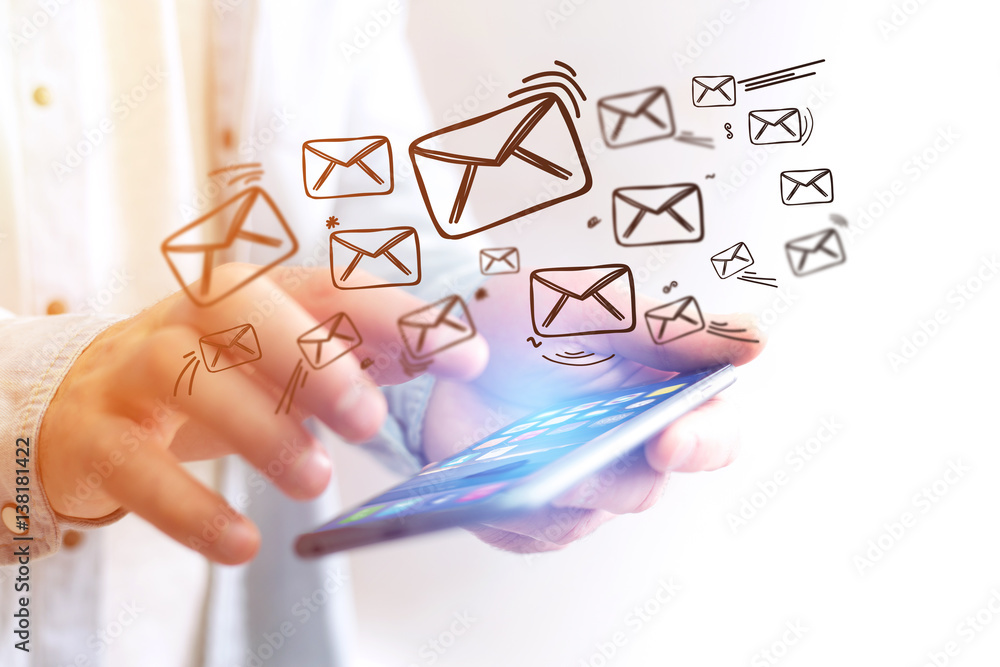 Concept of sending email on smartphone interface with message icon around Concept of sending email on smartphone interface with message icon around