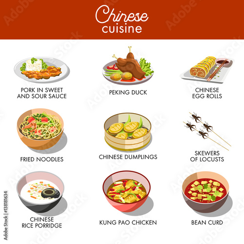 Chinese cuisine traditional dishes vector flat icons set