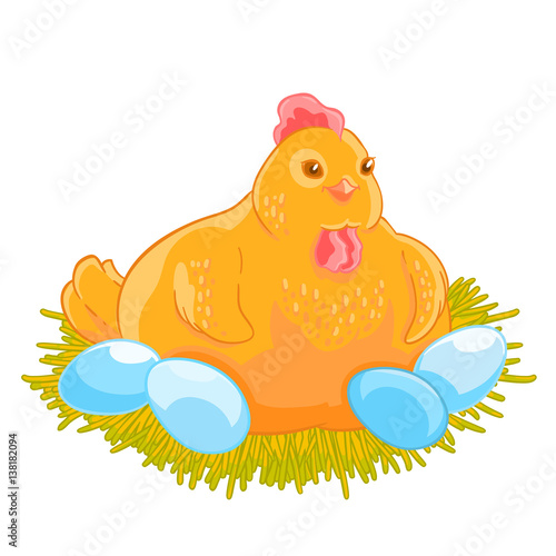 The yellow hen incubates the eggs in the nest.