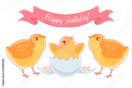Two funny cartoon chick congratulations newborn yellow chicken.