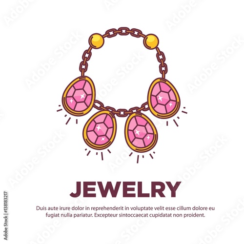 Jewelry golden handmade gem necklace vector flat icon design