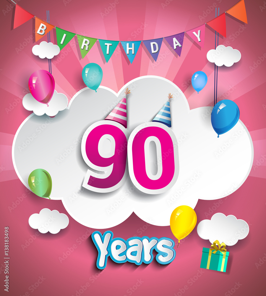 90 years birthday Celebration Design, with clouds and balloons ...