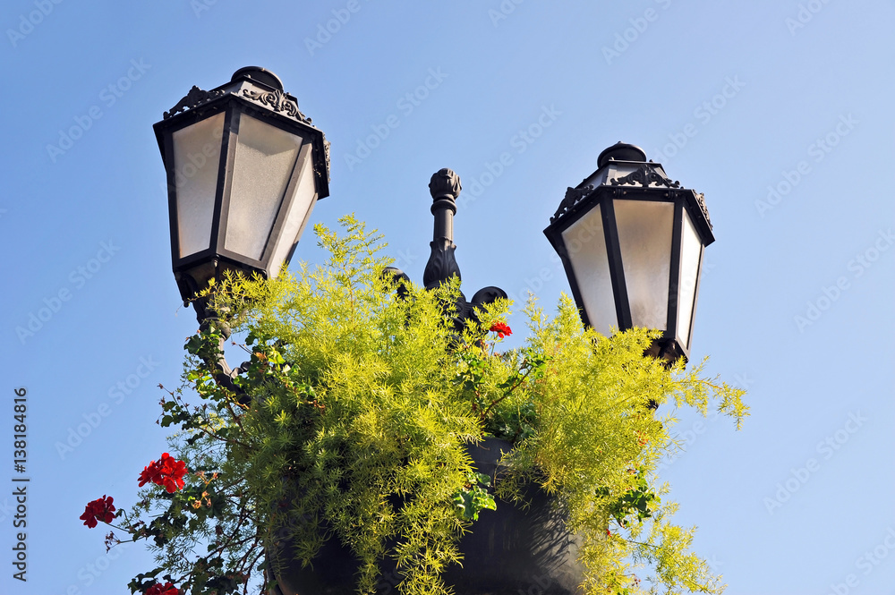 Street light with flowerbed