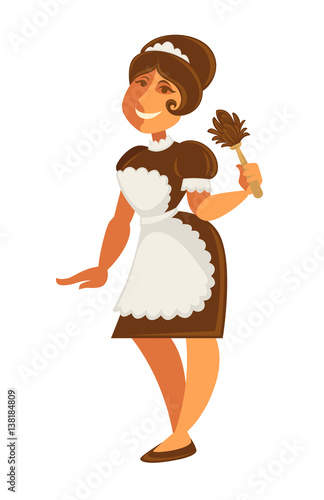 Maid or housekeeper woman in apron and duster vector isolated icon