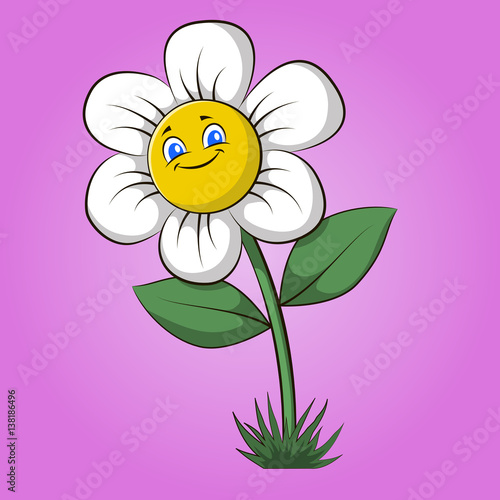 Chamomile cartoon. Chamomile flower in cartoon style on a pink background. Children's vector illustration.