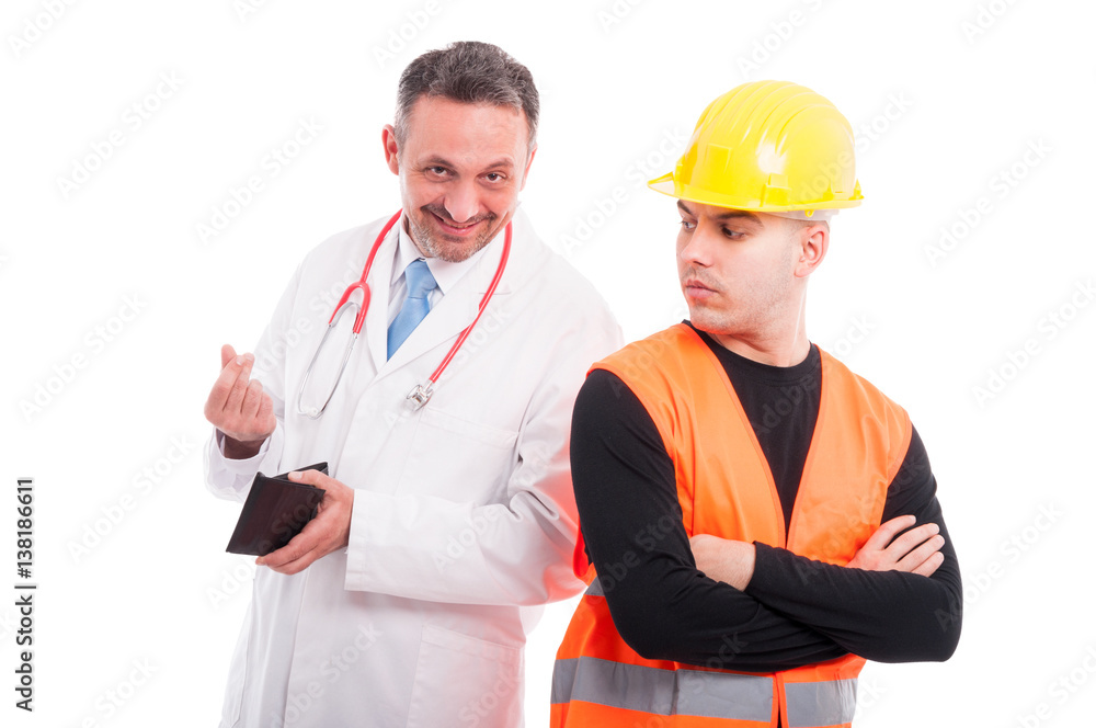 Medic showing money gesture with constructor watching Medic showing money gesture with constructor watching