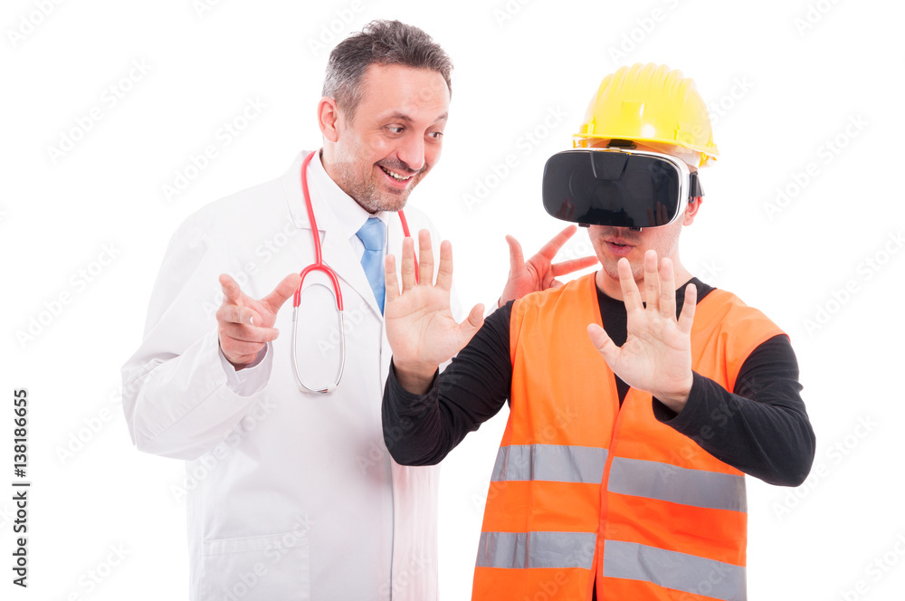 Doctor looking at constructor trying virtual reality glasses