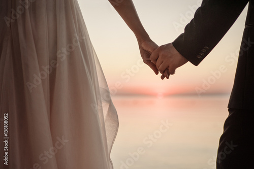 Newlyweds staying arm in arm in front of the sunset