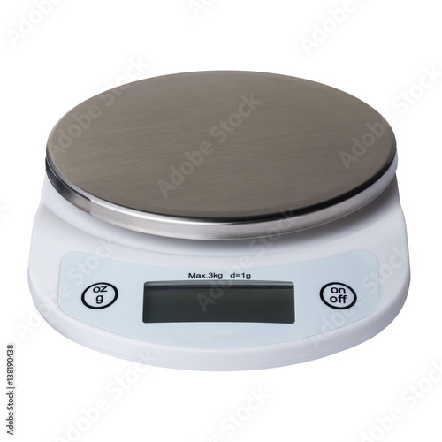 Digital kitchen scales with a metal surface isolated on white background.