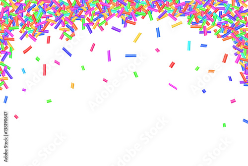 Border frame of colorful sprinkles isolated on white background card for text