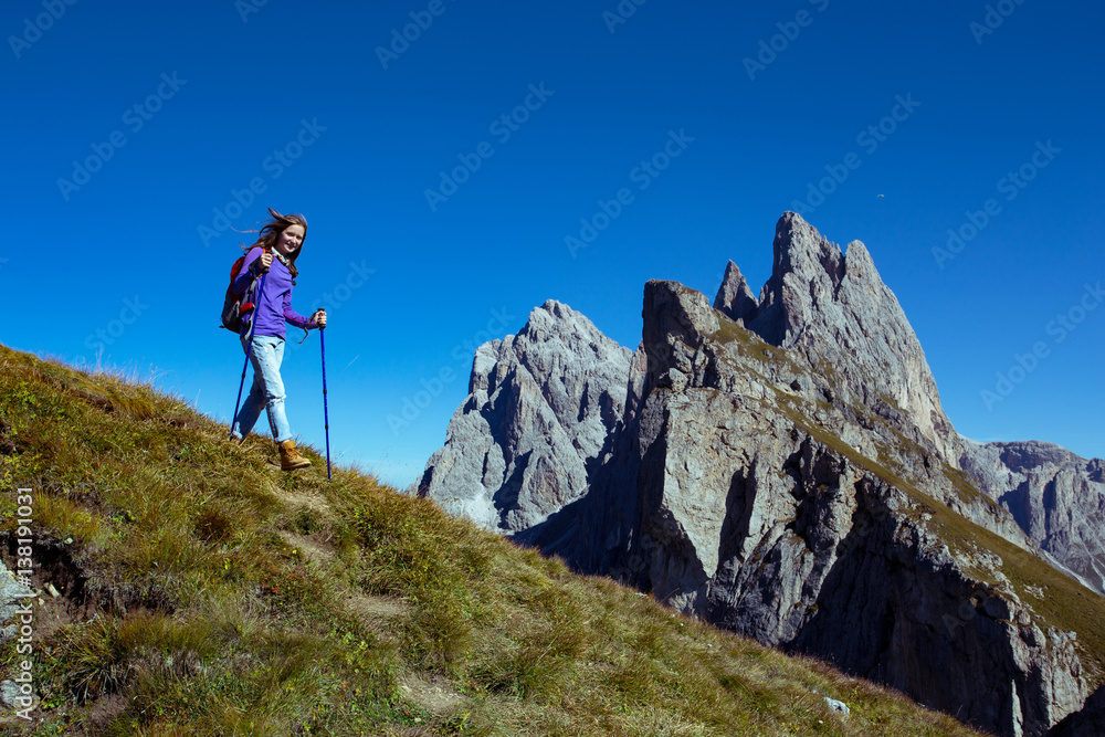 tourist girl at the Dolomites