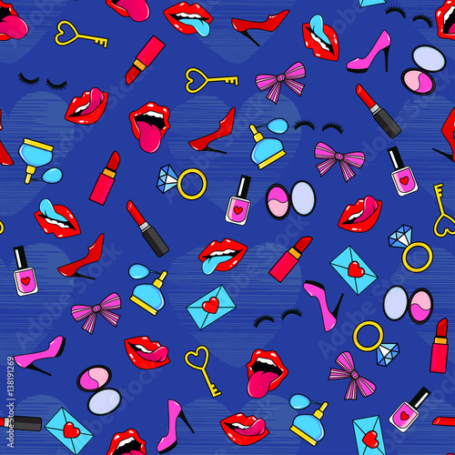 Female lips. Mouth with a kiss, pomade, shoes, perfume, rings, diamonds, hearts. Vector comic seamless pattern in pop art retro style. Abstract seamless pattern for girls, boys, clothes.
