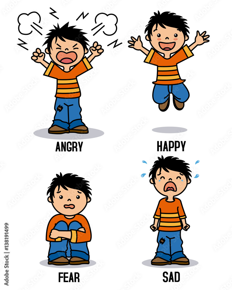 Boy emoticon showing different emotions. Happy, angry, sad and scared Stock  Vector | Adobe Stock