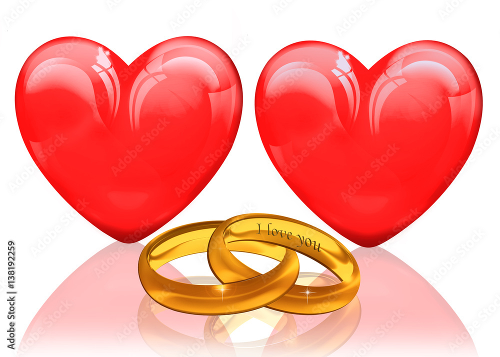 zwei Herzen mit Goldringe, freigestellt StockIllustration Adobe Stock