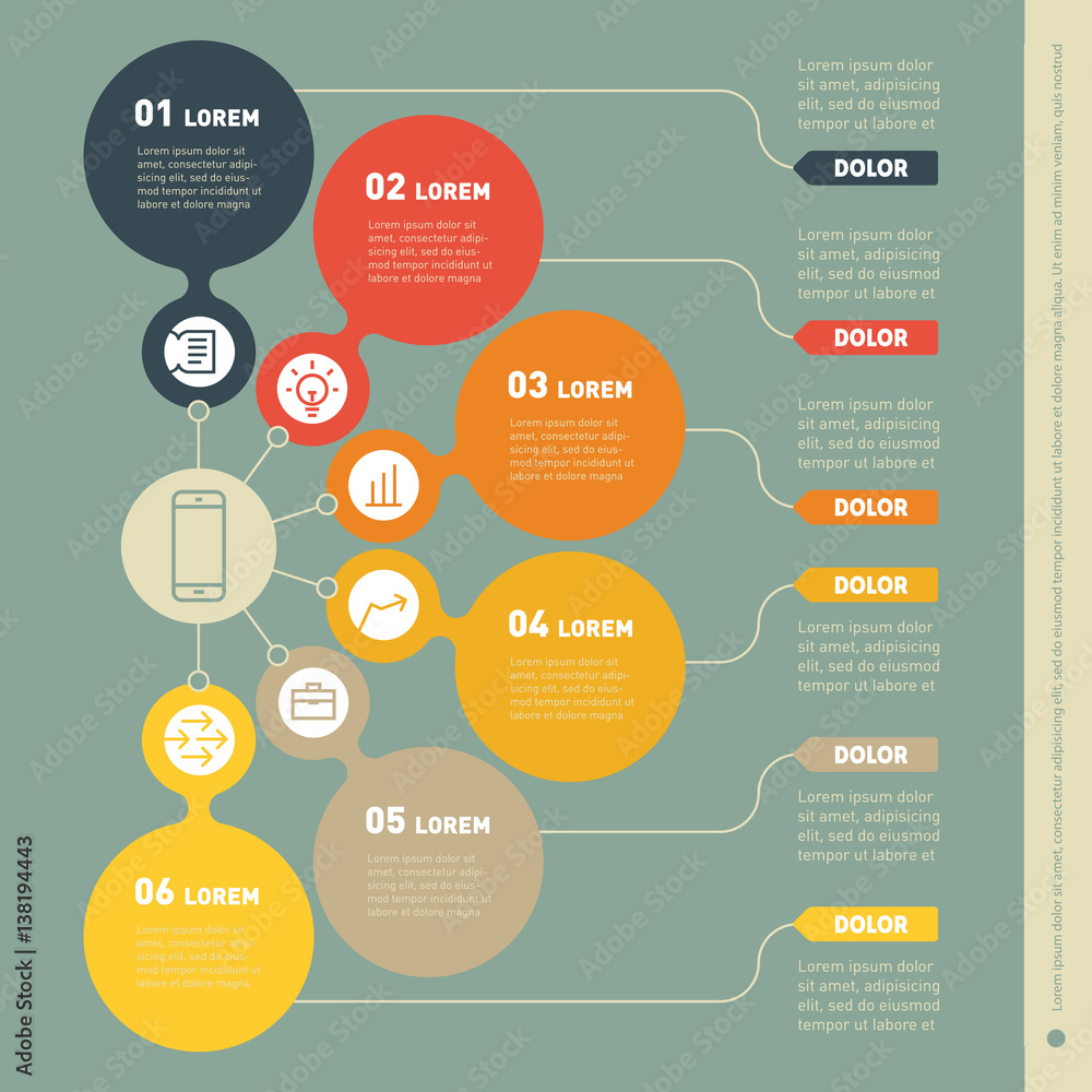 Vector infographic template of technology or education process. Web Template of a info chart or diagram. Part of the report with icons set. Business presentation concept with 6 options.