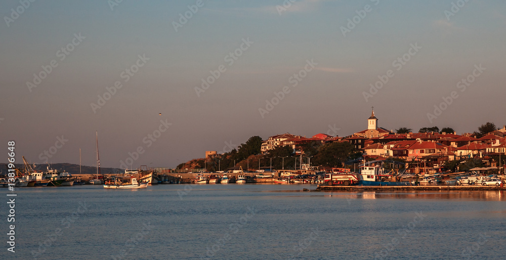 Panoramic view of the Old Nessebar in Bulgaria at sunset. 