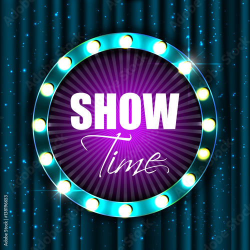 Show time. Retro light sign. Vintage style banner. Vector illustration