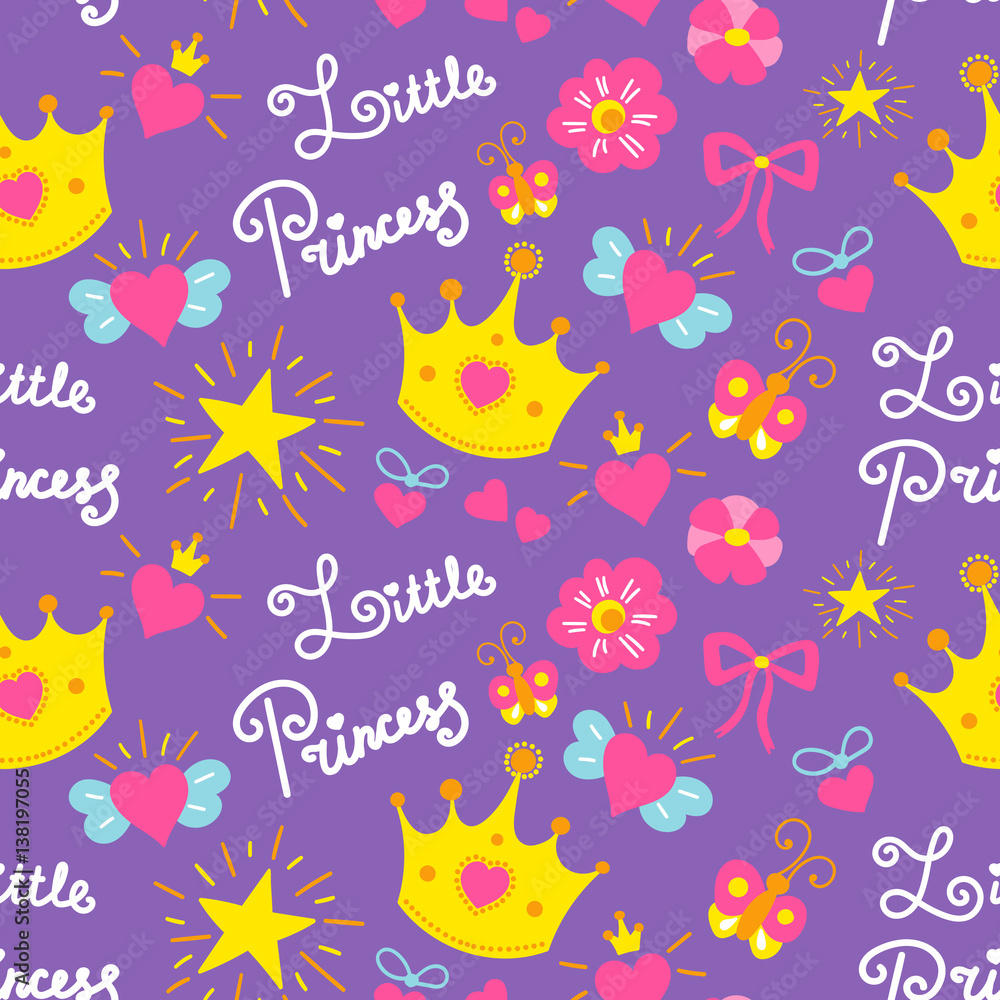 Little princess pattern vector. Cute girl background for template birthday  card, baby shower invitation, girls wallpaper and fabric. Kids print with  stars, flowers, crowns, bows and hearts. Stock Vector | Adobe Stock