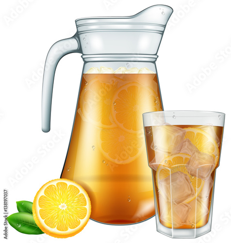 Jar and glass of ice tea with lemon.Vector illustration.