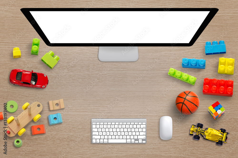Computer Screen Layout Kids Computer display with isolated white screen for mockup. Kid desk with ...