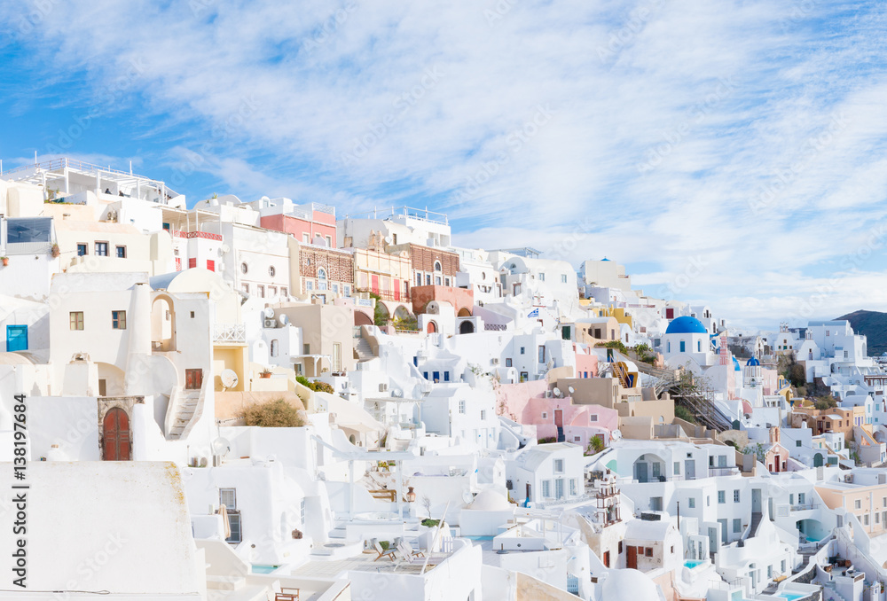 Day view in Santorini. Panorama, Oia Village, Greece Day view in Santorini. Panorama, Oia Village, Greece