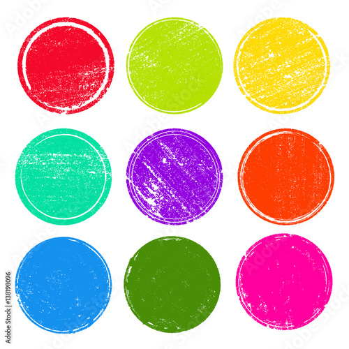 Grunge post stamps collection of colored circles. Banners, insignias , logos, icons, labels and badges set. Blank shapes. Vector illustration distress textures.