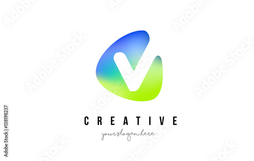 V Letter Logo Design with Oval Green Blue Shape.