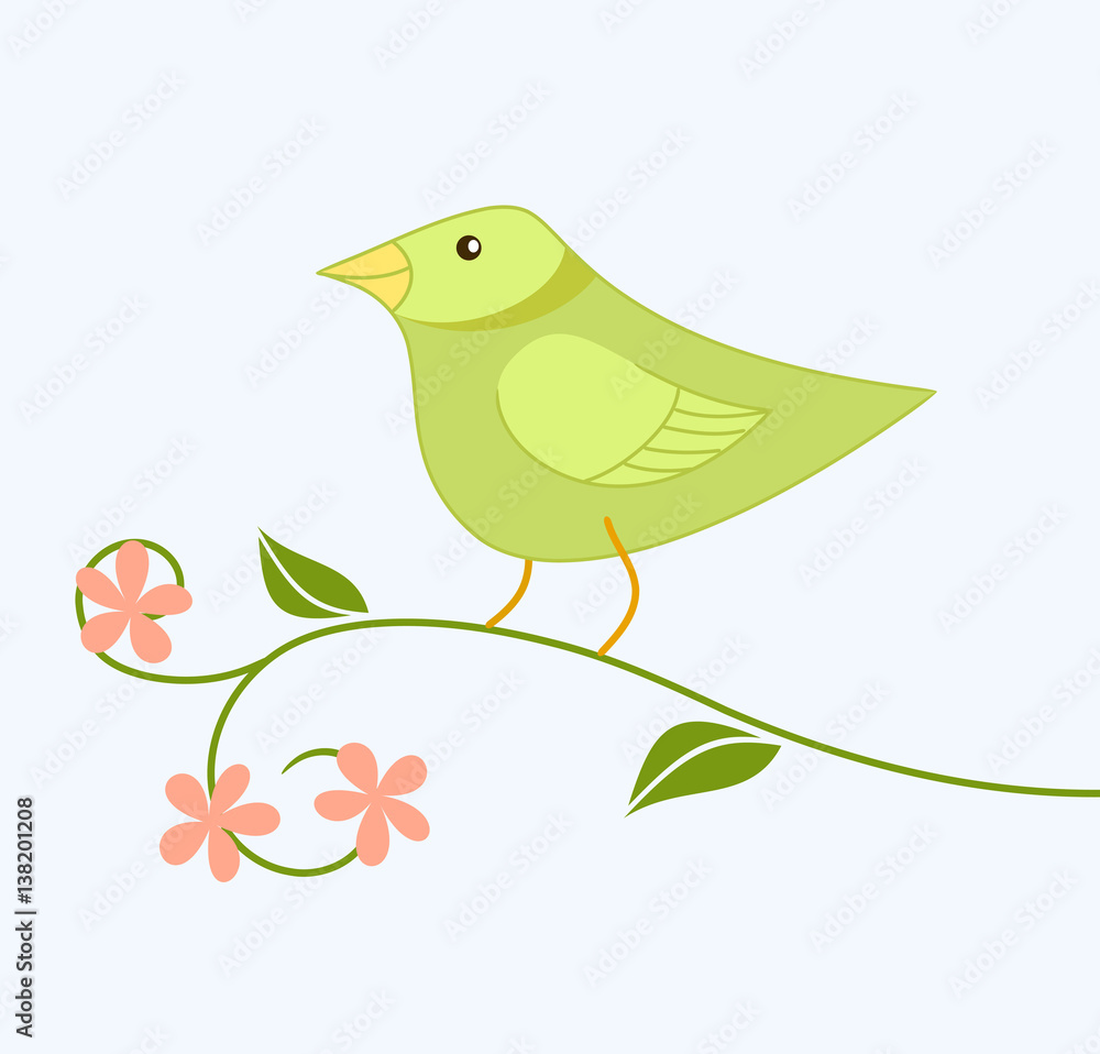 Obraz premium Cute cartoon bird is sitting on a branch with spring flowers. Vector illustration