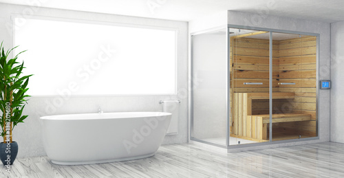 Vasca da bagno con sauna o bagno turco e parquet photo