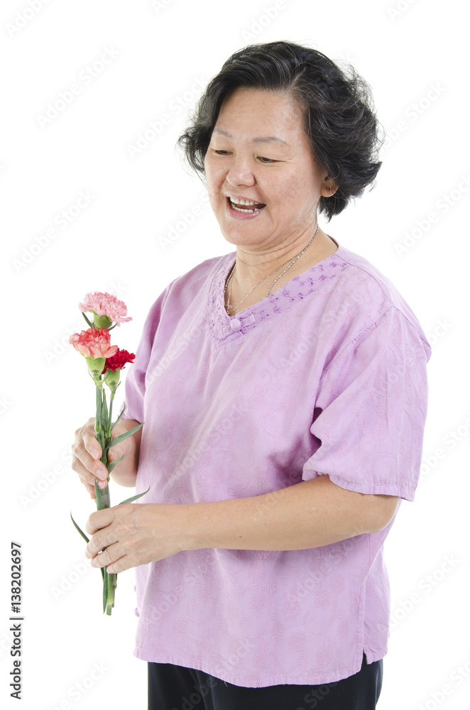 Senior woman and carnation flower on mothers day Senior woman and carnation flower on mothers day