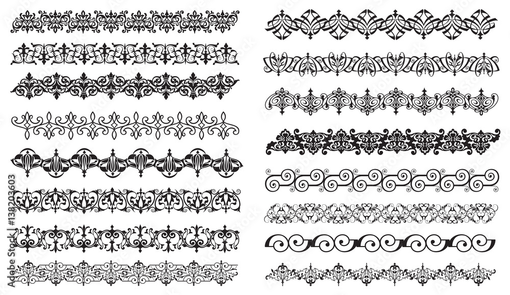 Art deco design elements of vintage ornaments and borders corners of the frame Isolated art nouveau flourishes on a white background