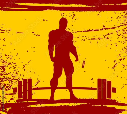 Bodybuilding and barbell silhouettes. Bodybuilder posing on grunge brush stroke.