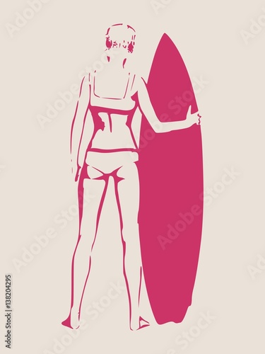 Woman posing with surfboard on grunge brush stroke. Monochrome silhouette. Vector illustration. Vintage Surfing Graphic and Emblem for web design. Palm and lifeguard tower on backdrop. Back view