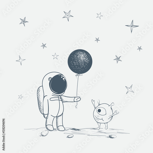 astronaut gives a balloon to alien