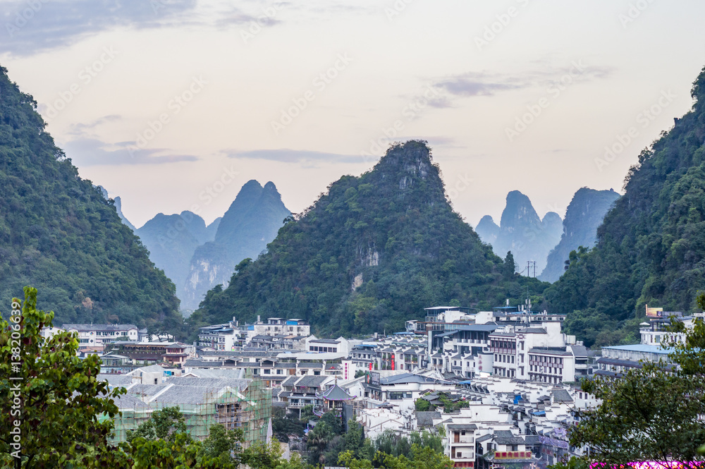 Yangshuo cityscape skyline with Karst mountains in Guangxi Province, China