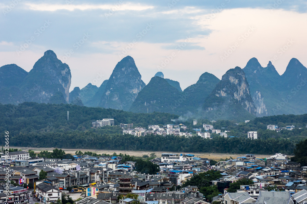 Yangshuo cityscape skyline with Karst mountains in Guangxi Province, China