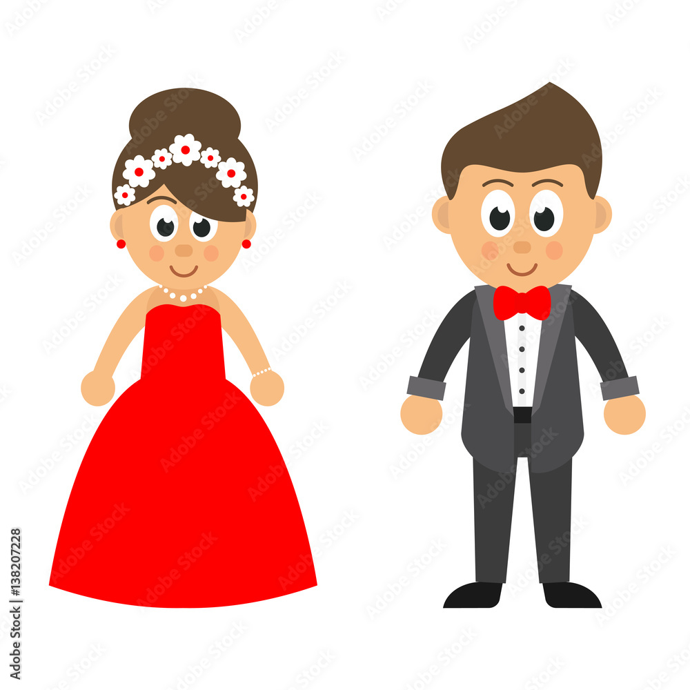cartoon cute girl in red dress and cartoon man cartoon cute girl in red dress and cartoon man