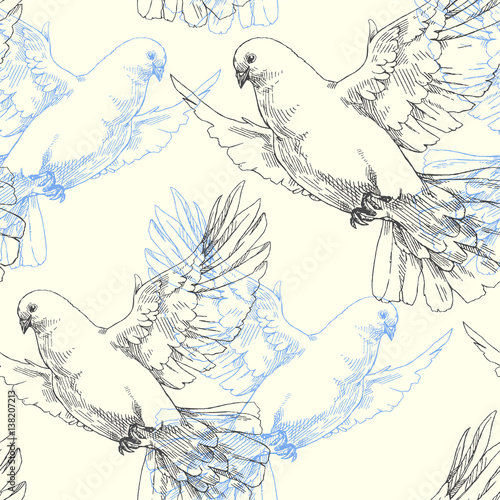 Flying Doves. Vector seamless pattern with birds