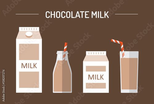 Set of chocolate milk in different packages: glass, carton, bottle isolated on brown background.  Vector flat design illustration.
