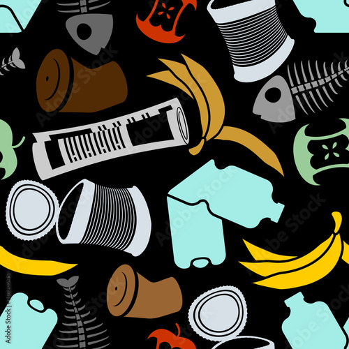Rubbish seamless pattern. Garbage texture. trash ornament. litter background. peel from banana and stub. Tin and old newspaper. Bone and packaging. Crumpled paper and plastic bottle