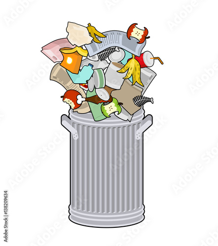 Trash can with Rubbish isolated. Wheelie bin with Garbage on white background. Dumpster iron. peel from banana and stub. Tin and old newspaper. Bone and packaging. Crumpled paper and plastic bottle