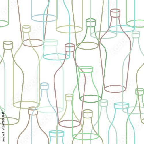 Glass bottle seamless pattern. empty transparent Bottles background. Retro texture of fabric