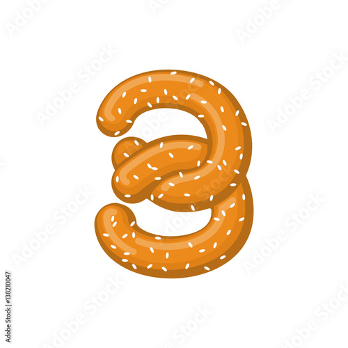 Number3 pretzel. snack font three symbol. Food alphabet sign. Traditional German meal is ABC. Bake numeric
