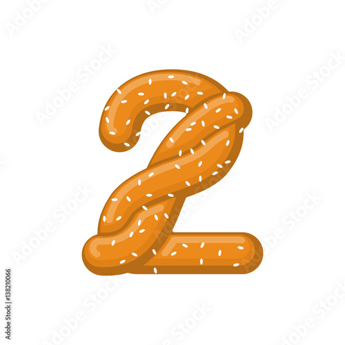 Number 2 pretzel. snack font two symbol. Food alphabet sign. Traditional German meal is ABC. Bake numeric