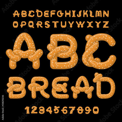 Bread ABC. Pretzel font. Food alphabet. Traditional German meal. Bake snack